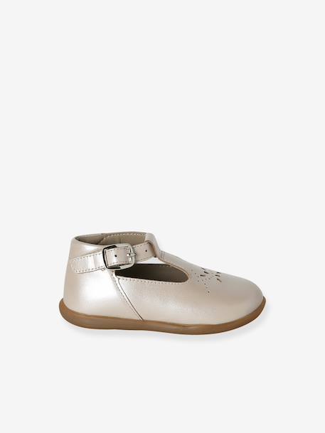 Baby girl's leather Mary Janes with buckle iridescent beige+white - vertbaudet enfant 