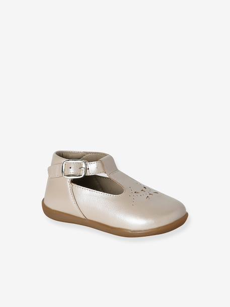 Baby girl's leather Mary Janes with buckle iridescent beige+white - vertbaudet enfant 