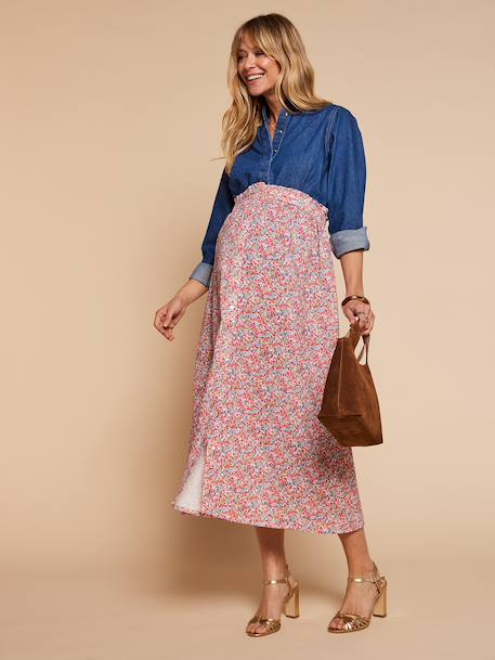 Long skirt with elasticated waist and floral pattern multicoloured - vertbaudet enfant 