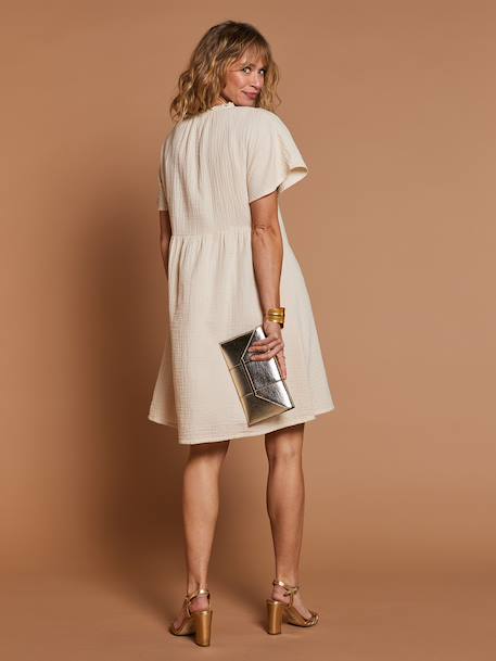 Cotton gauze dress with embroidered details sandy beige - vertbaudet enfant 