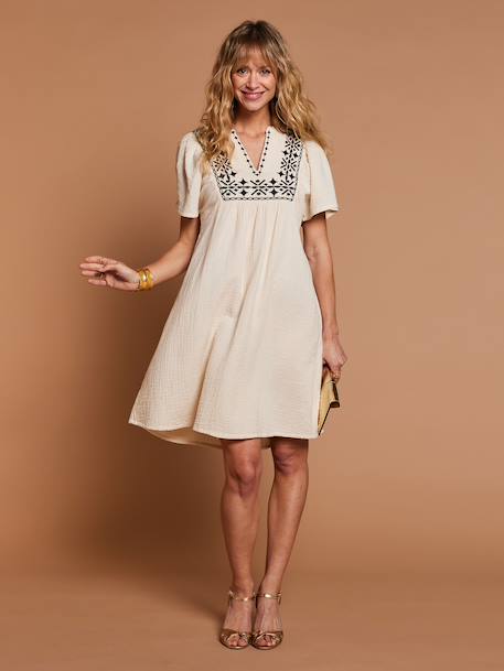 Cotton gauze dress with embroidered details sandy beige - vertbaudet enfant 
