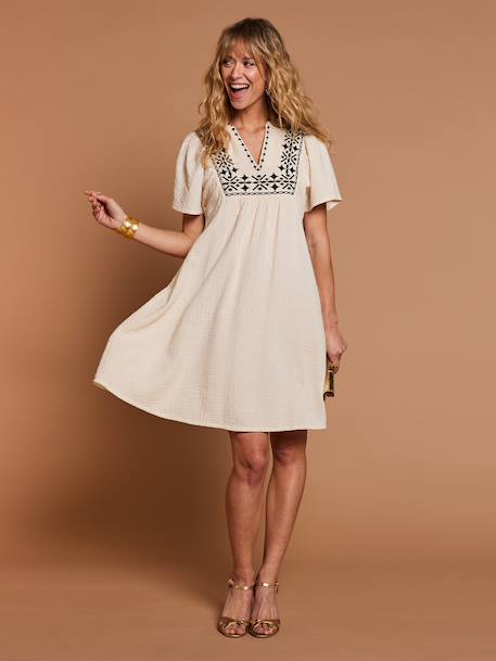 Cotton gauze dress with embroidered details sandy beige - vertbaudet enfant 