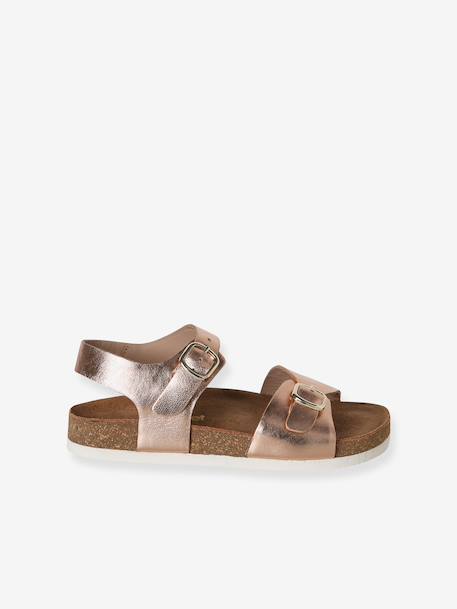 Leather sandals with double buckles gold+pale pink - vertbaudet enfant 
