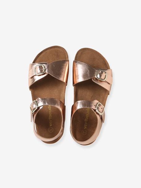 Leather sandals with double buckles gold+pale pink - vertbaudet enfant 