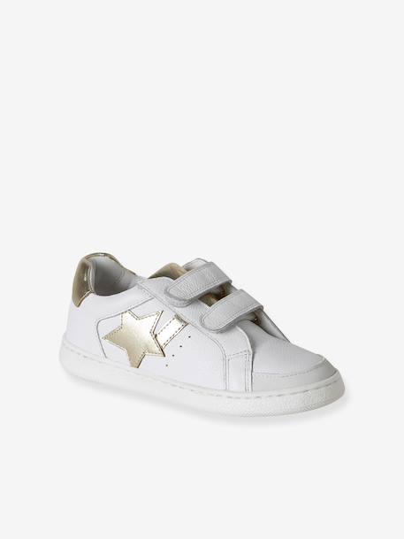 Leather Trainers with Hook-&-Loop Straps for Children, Designed for Autonomy pale pink+white - vertbaudet enfant 