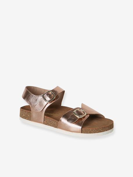 Leather sandals with double buckles gold+pale pink - vertbaudet enfant 