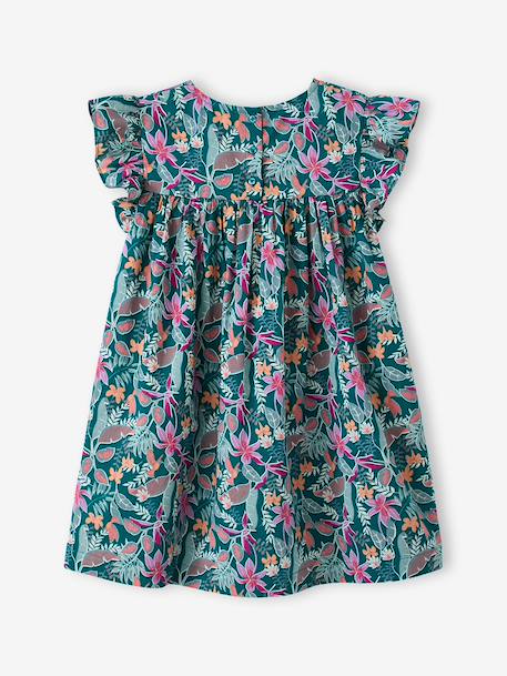Ruffled, Short Sleeve Dress with Prints, for Girls emerald green+pale pink+printed white - vertbaudet enfant 