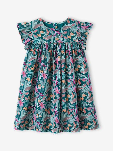 Ruffled, Short Sleeve Dress with Prints, for Girls emerald green+pale pink+printed white - vertbaudet enfant 
