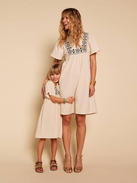 Cotton gauze dress with embroidered details sandy beige - vertbaudet enfant 