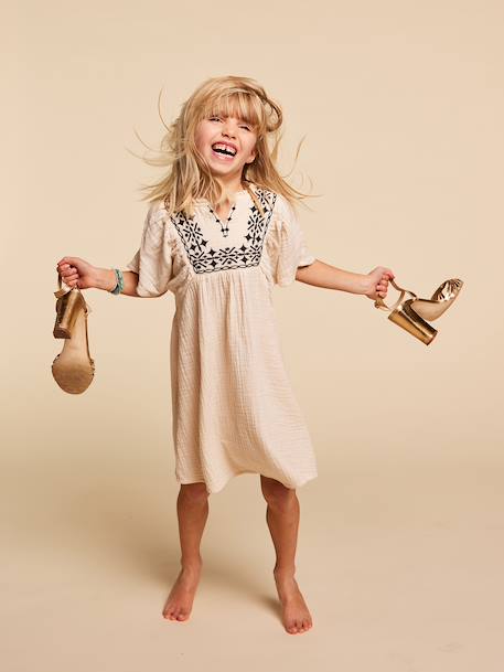 Girl's embroidered gauze dress, knee-length sandy beige - vertbaudet enfant 
