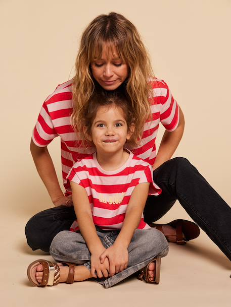 Girl's short-sleeved striped t-shirt - family capsule dusky pink - vertbaudet enfant 