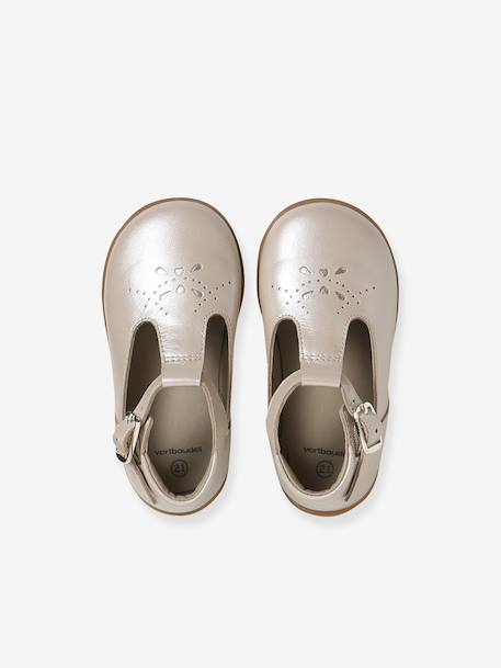 Baby girl's leather Mary Janes with buckle iridescent beige+white - vertbaudet enfant 