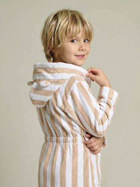 Customisable children's bear bathrobe, with recycled cotton striped beige - vertbaudet enfant 