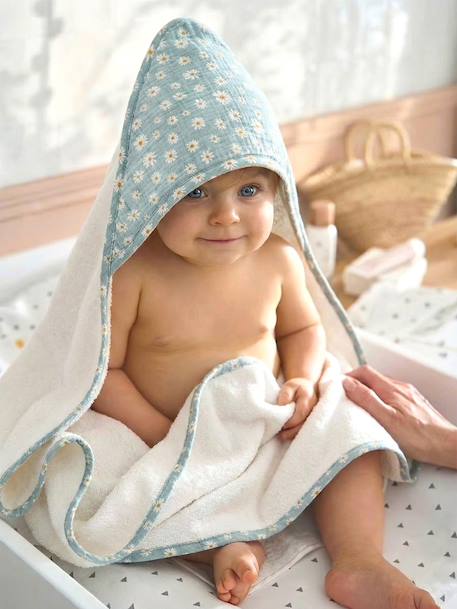Customisable cotton muslin bath cape and wash mitt MARGUERITE printed blue - vertbaudet enfant 
