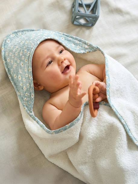 Customisable cotton muslin bath cape and wash mitt MARGUERITE printed blue - vertbaudet enfant 