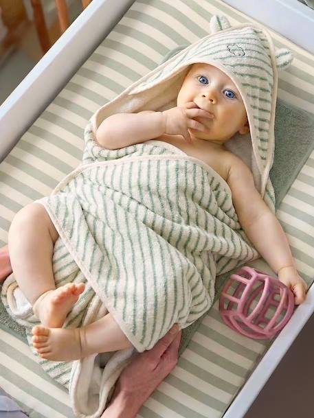 Bath Cape In Jacquard Stripes + Wash Mitt sage green - vertbaudet enfant 