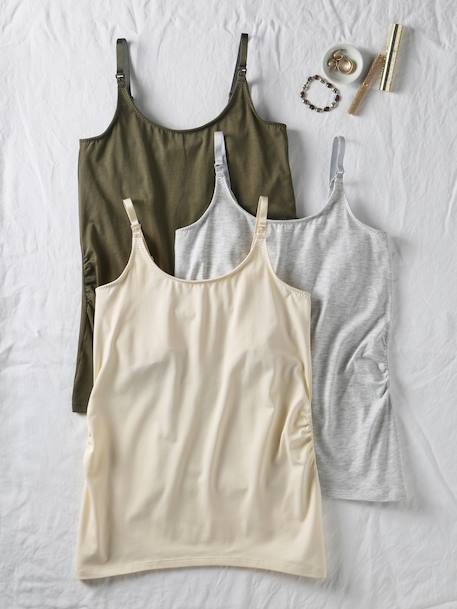 Pack of 3 Sleeveless Tops, Maternity & Nursing Special, ENVIE DE FRAISE khaki+white - vertbaudet enfant 