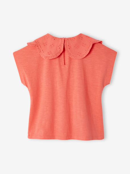 Girls' fancy embroidered collar T-shirt coral+ecru - vertbaudet enfant 