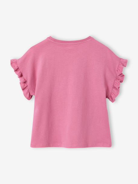 Girl's short-sleeved t-shirt with romantic pattern and frill detail ecru+navy blue+rose+sage green - vertbaudet enfant 