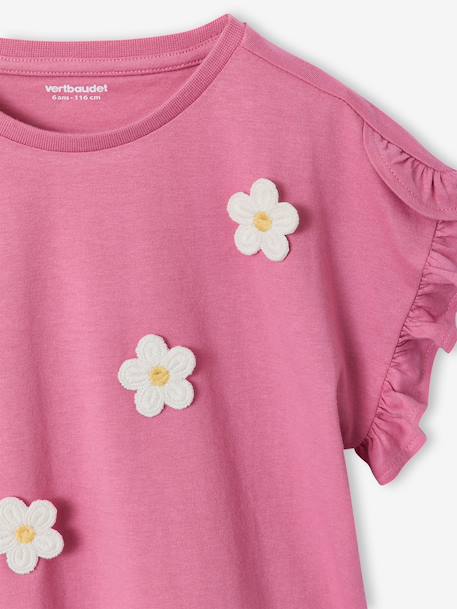 Tee-shirt fille motif romantique manches courtes à volant écru+marine+rose+vert sauge - vertbaudet enfant 