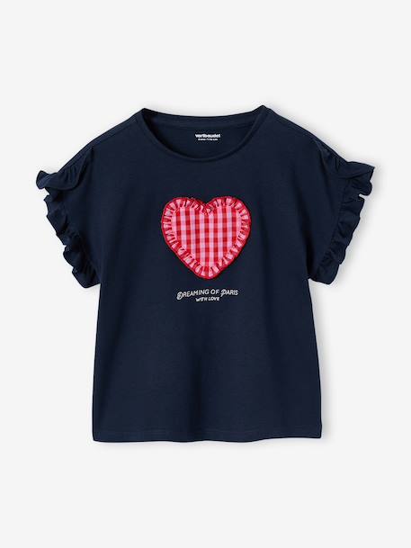 Girl's short-sleeved t-shirt with romantic pattern and frill detail ecru+navy blue+rose+sage green - vertbaudet enfant 