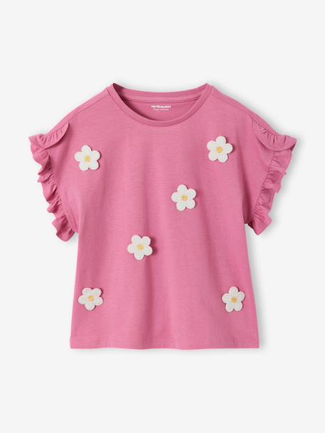 Tee-shirt fille motif romantique manches courtes à volant écru+marine+rose+vert sauge - vertbaudet enfant 
