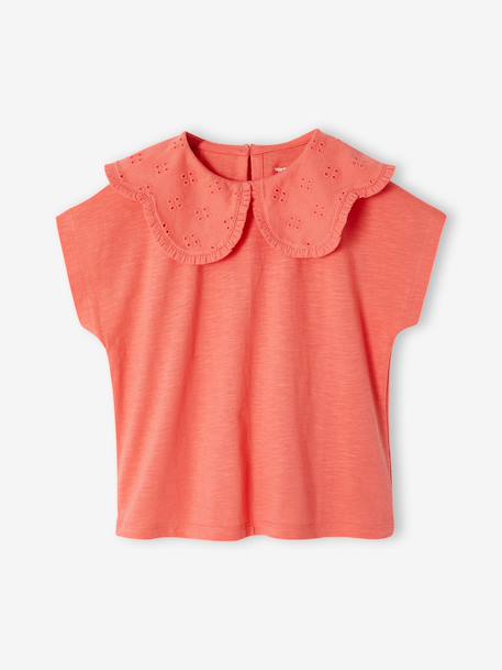 T-shirt fille col brodé fantaisie corail+écru - vertbaudet enfant 