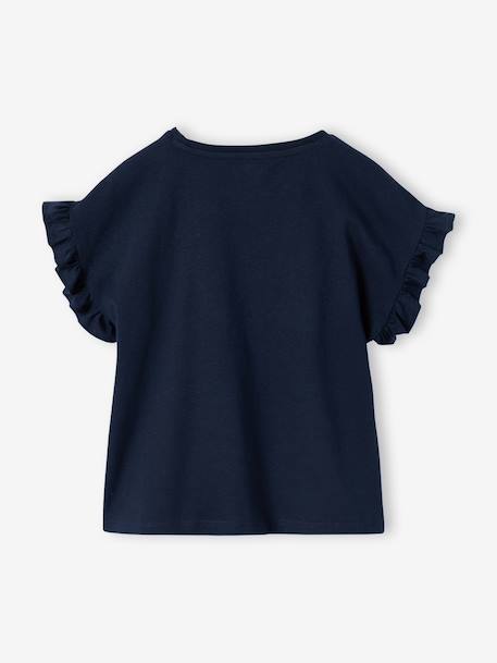 Tee-shirt fille motif romantique manches courtes à volant écru+marine+rose+vert sauge - vertbaudet enfant 