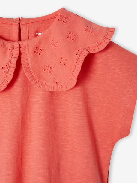 Girls' fancy embroidered collar T-shirt coral+ecru - vertbaudet enfant 