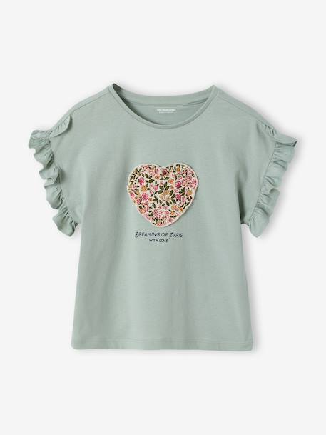 Tee-shirt fille motif romantique manches courtes à volant écru+marine+rose+vert sauge - vertbaudet enfant 