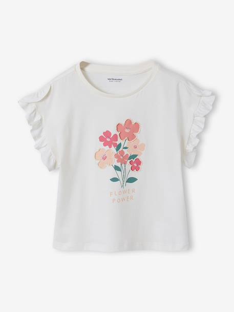 Tee-shirt fille motif romantique manches courtes à volant écru+marine+rose+vert sauge - vertbaudet enfant 