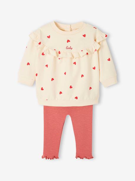 Ruffled Sweatshirt + Leggings Combo for Babies ecru+rose - vertbaudet enfant 