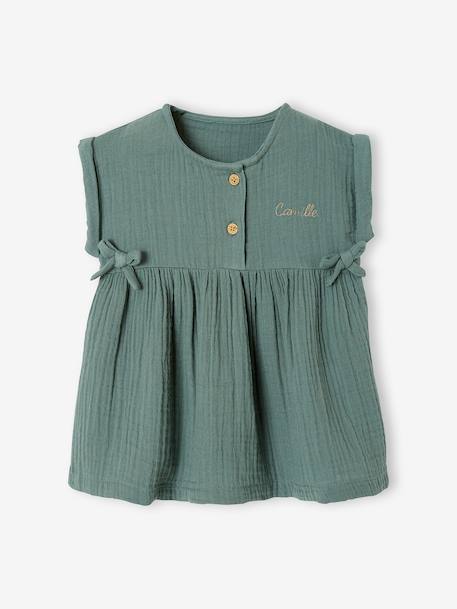 Dress in Cotton Gauze for Babies GREEN MEDIUM SOLID+ochre - vertbaudet enfant 