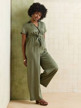 Maternity-Wide-Leg, Short-Sleeved Lyocell Jumpsuit for Pregnancy & Nursing 
