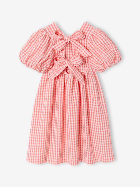 Gingham girl's dress with bows on the back coral - vertbaudet enfant 