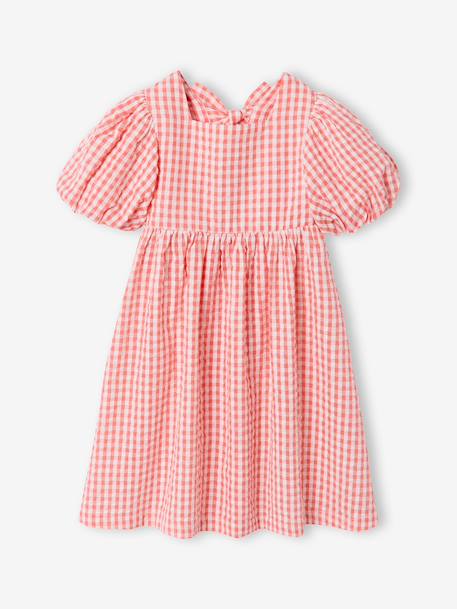 Gingham girl's dress with bows on the back coral - vertbaudet enfant 