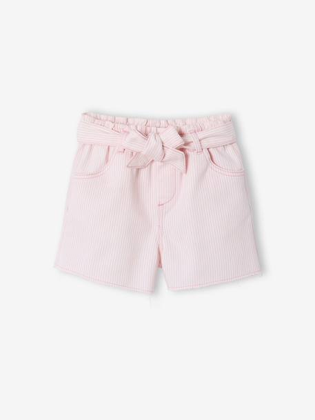 Girl's twill shorts with tie belt rose+striped blue+vanilla - vertbaudet enfant 