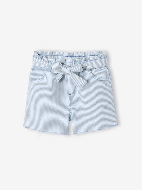 Girl's twill shorts with tie belt rose+striped blue+vanilla - vertbaudet enfant 