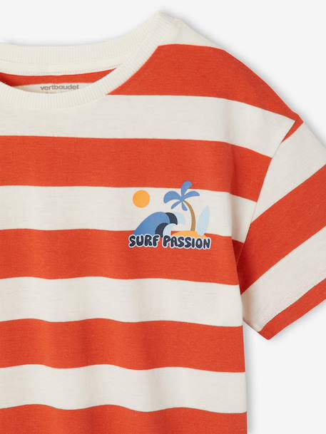 Boy's t-shirt with wide stripes and chest motif orange+striped green - vertbaudet enfant 