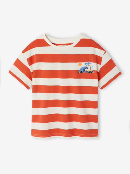 Boy's t-shirt with wide stripes and chest motif orange+striped green - vertbaudet enfant 