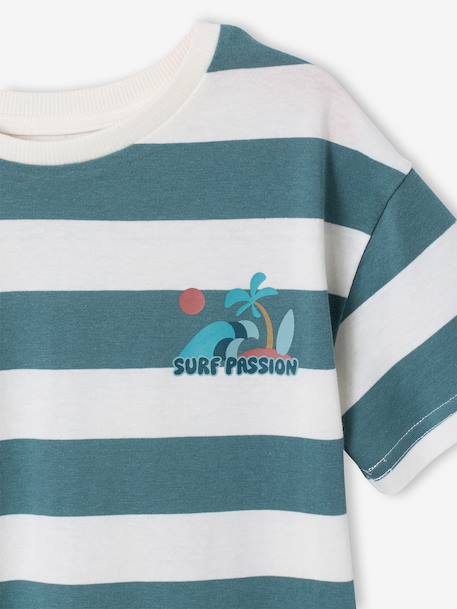 Boy's t-shirt with wide stripes and chest motif orange+striped green - vertbaudet enfant 