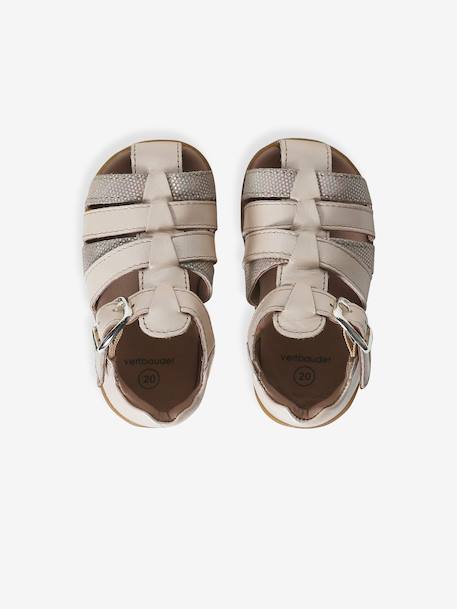 Leather Sandals for Baby Girls, Designed for First Steps gold+iridescent beige+printed white - vertbaudet enfant 