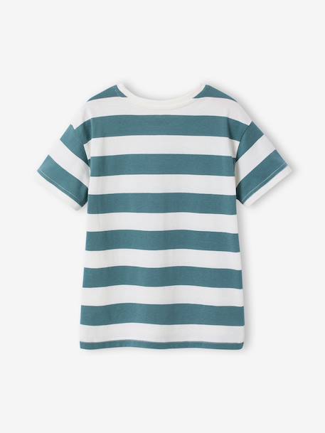 Boy's t-shirt with wide stripes and chest motif orange+striped green - vertbaudet enfant 