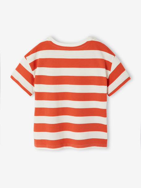 Boy's t-shirt with wide stripes and chest motif orange+striped green - vertbaudet enfant 