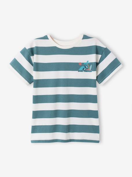 Boy's t-shirt with wide stripes and chest motif orange+striped green - vertbaudet enfant 