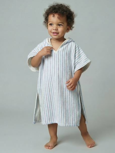 Baby Animals Bath Poncho, with Recycled Cotton printed white+striped blue - vertbaudet enfant 