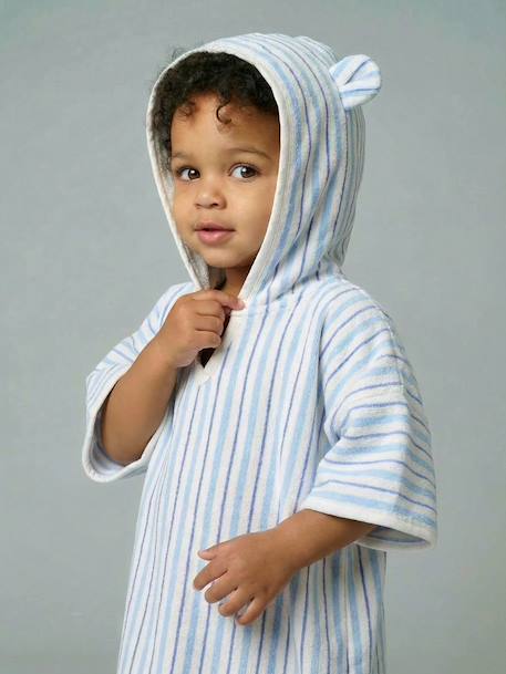 Baby Animals Bath Poncho, with Recycled Cotton printed white+striped blue - vertbaudet enfant 