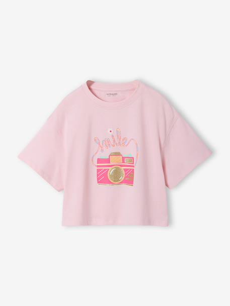 T-shirt fille cropped manches courtes beige+écru+rose poudré - vertbaudet enfant 