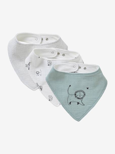 Lot 3 bavoirs bandanas en gaze de coton beige imprimé+BLANC+bleu grisé+cappuccino+écru+lot renard+lot vert panda+rose pâle+vert sauge - vertbaudet enfant 
