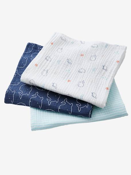 Pack of 3 Muslin Squares, Eau Salée Blue/Print - vertbaudet enfant 